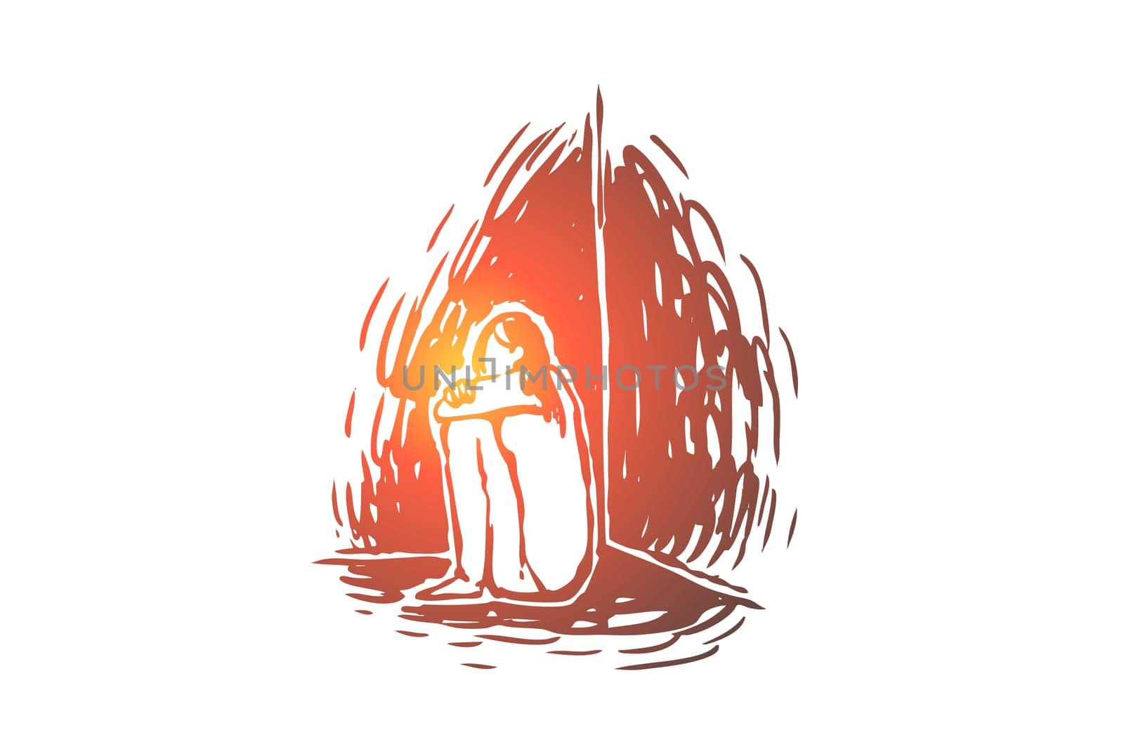 Childhood, sad, unhappy, kid, stress concept. Hand drawn child in depression concept sketch. Isolated vector illustration.