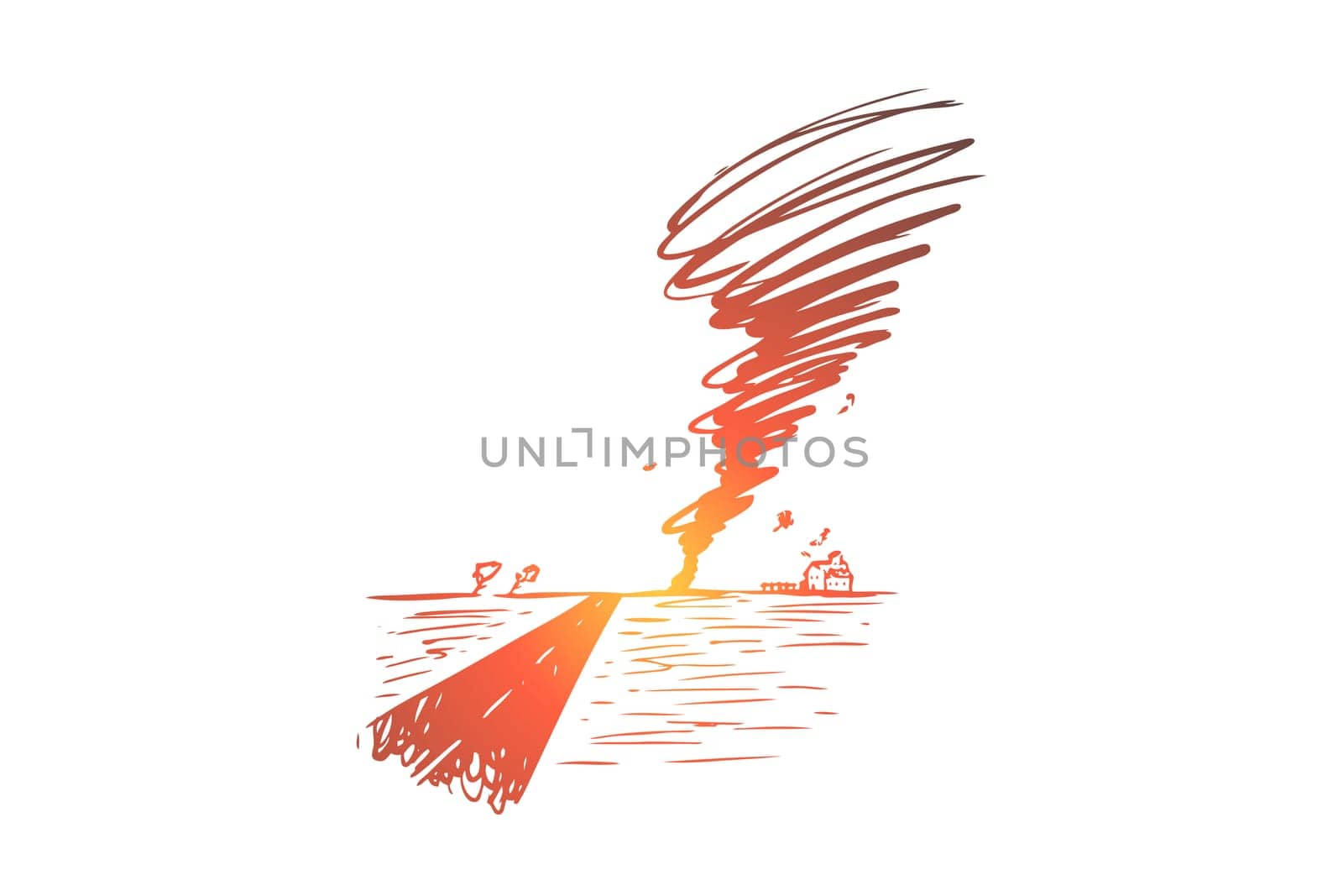 Tornado, hurricane, storm, weather, wind concept. Hand drawn weather disaster, tornado ruins building concept sketch. Isolated vector illustration.