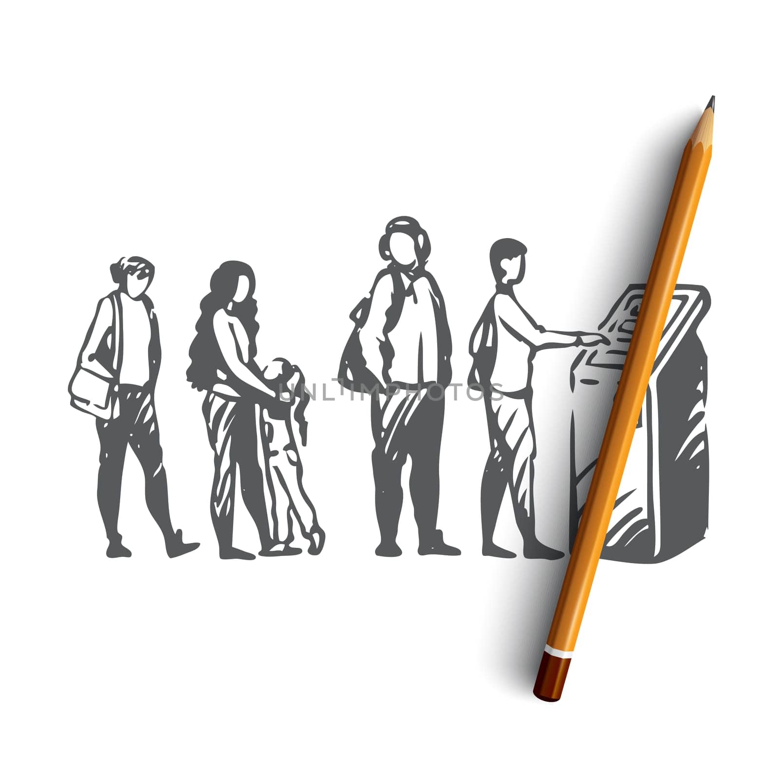 Payment terminal, queue, people, finance, cash concept. Hand drawn queue of people to payment terminal concept sketch. Isolated vector illustration.