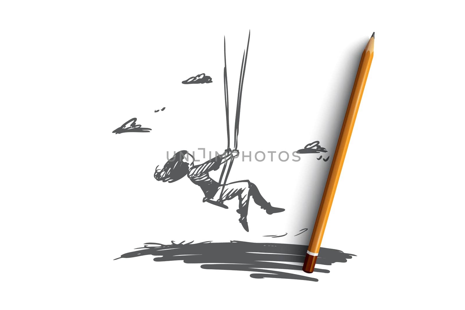 Girl, swing, childhood, fun, play concept. Hand drawn girl swinging outdoors and having fun concept sketch. Isolated vector illustration.