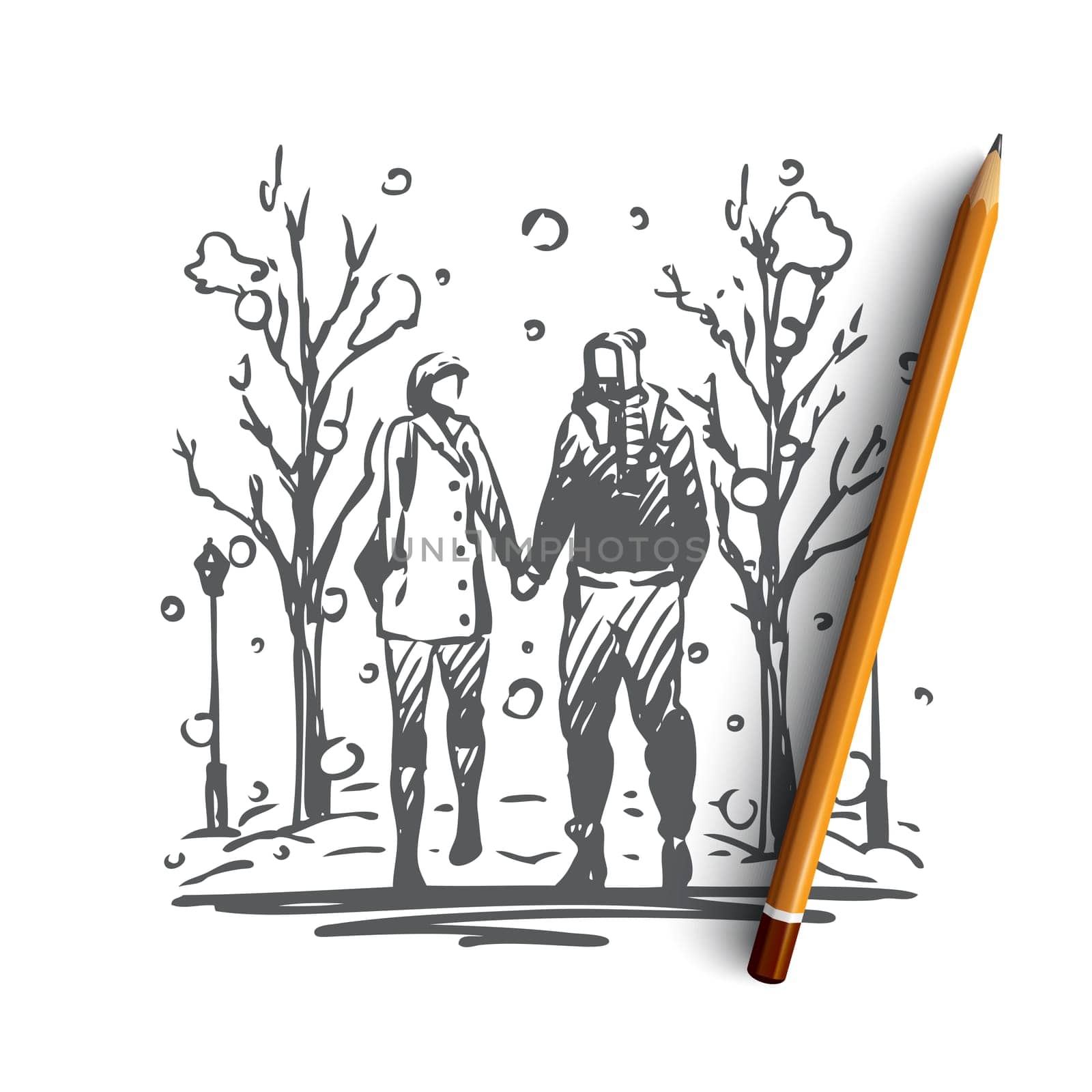 Winter, park, couple, walking, love concept. Hand drawn happy couple in love walking in winter park concept sketch. Isolated vector illustration.