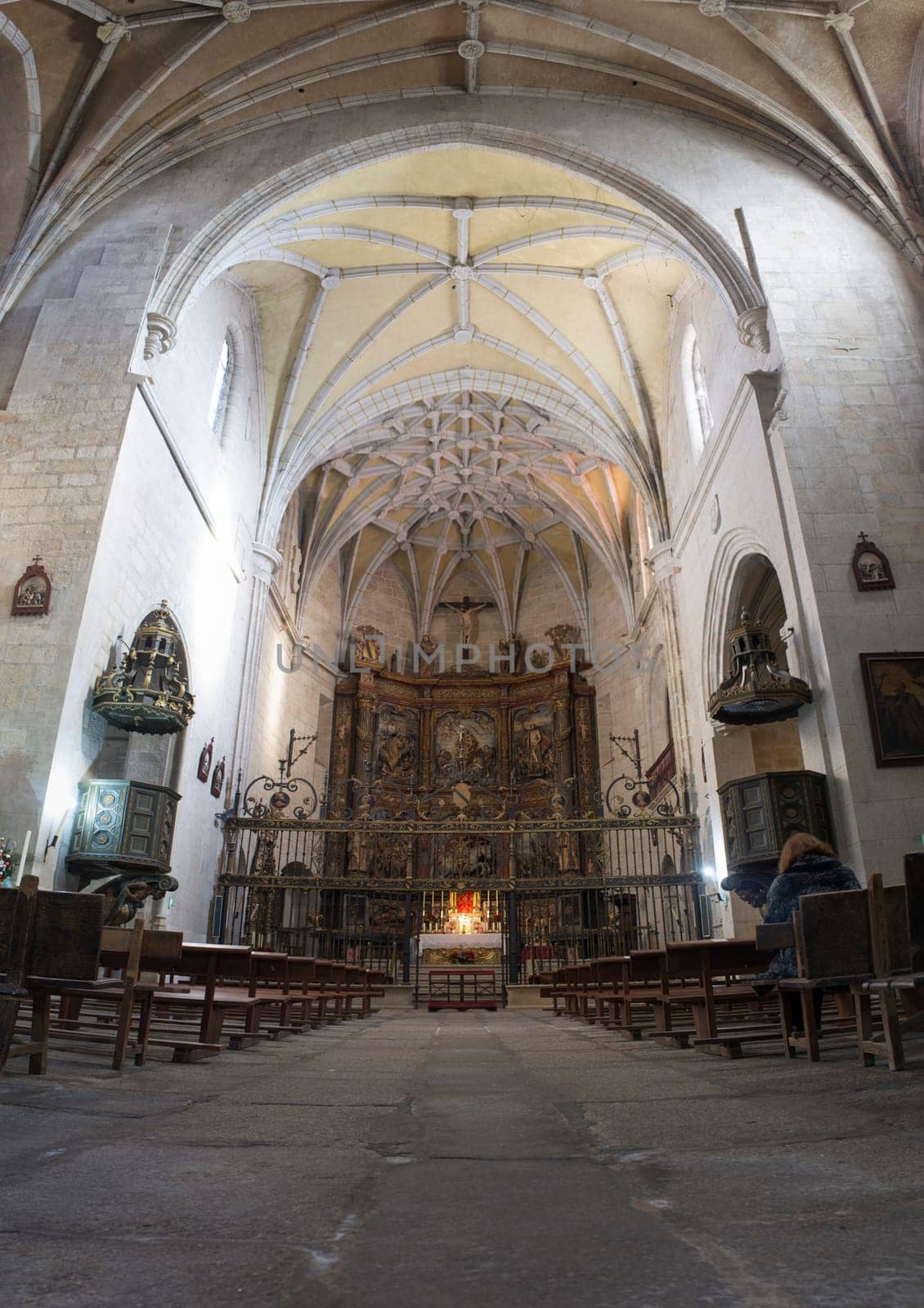 Caceres, Spain - Jan 14th, 2021: Church of Santiago main nave. Caceres, Extremadura, Spain