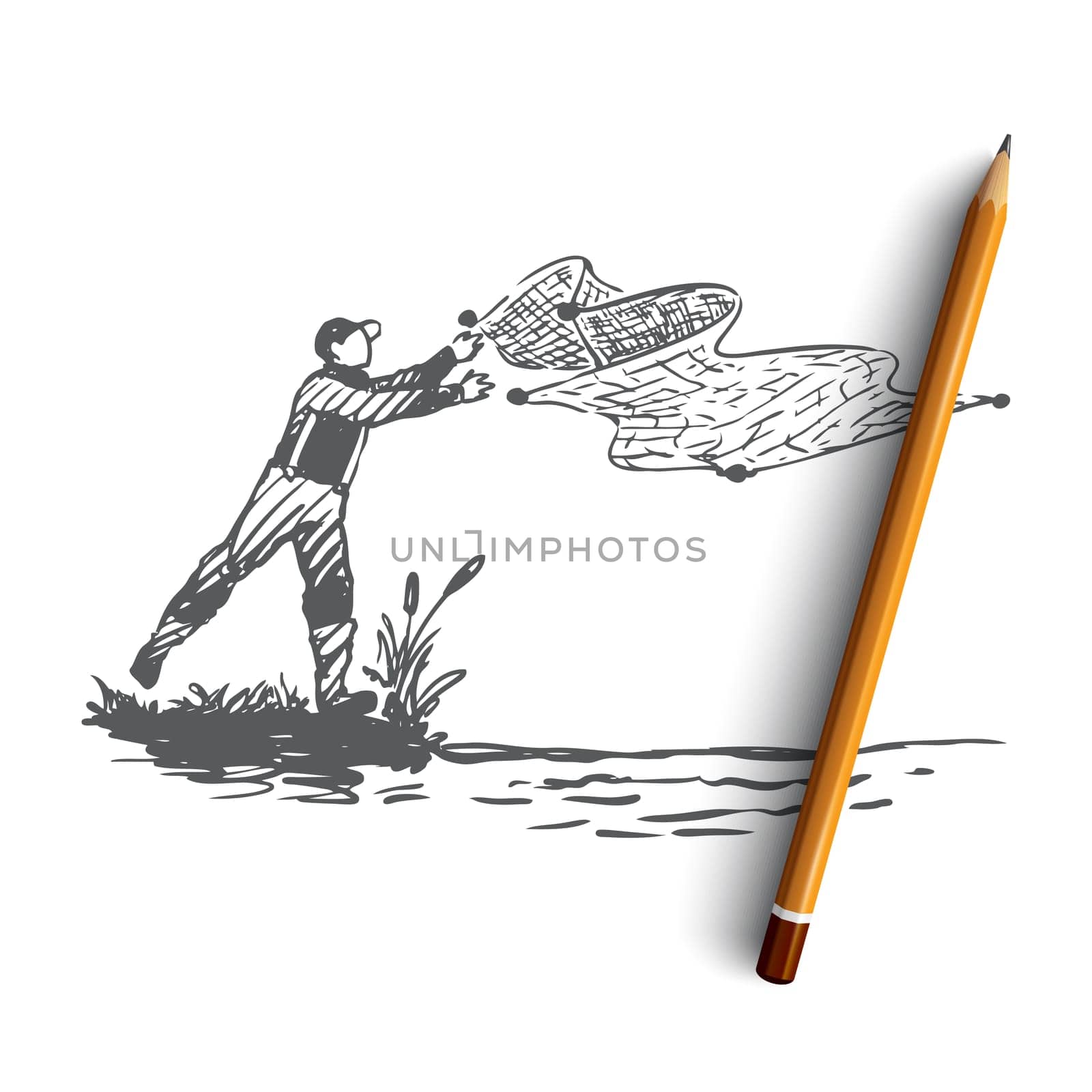Man, fishing, net, river, nature concept. Hand drawn fisherman throws nets concept sketch. Isolated vector illustration.