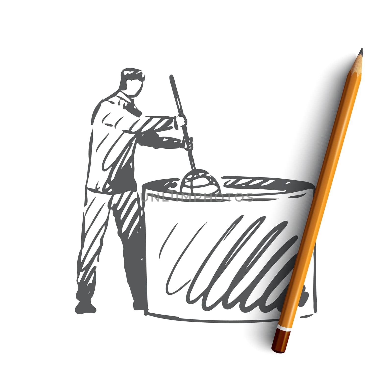 Milk, cheese, food, production, worker concept. Hand drawn worker at cheese production factory concept sketch. Isolated vector illustration.