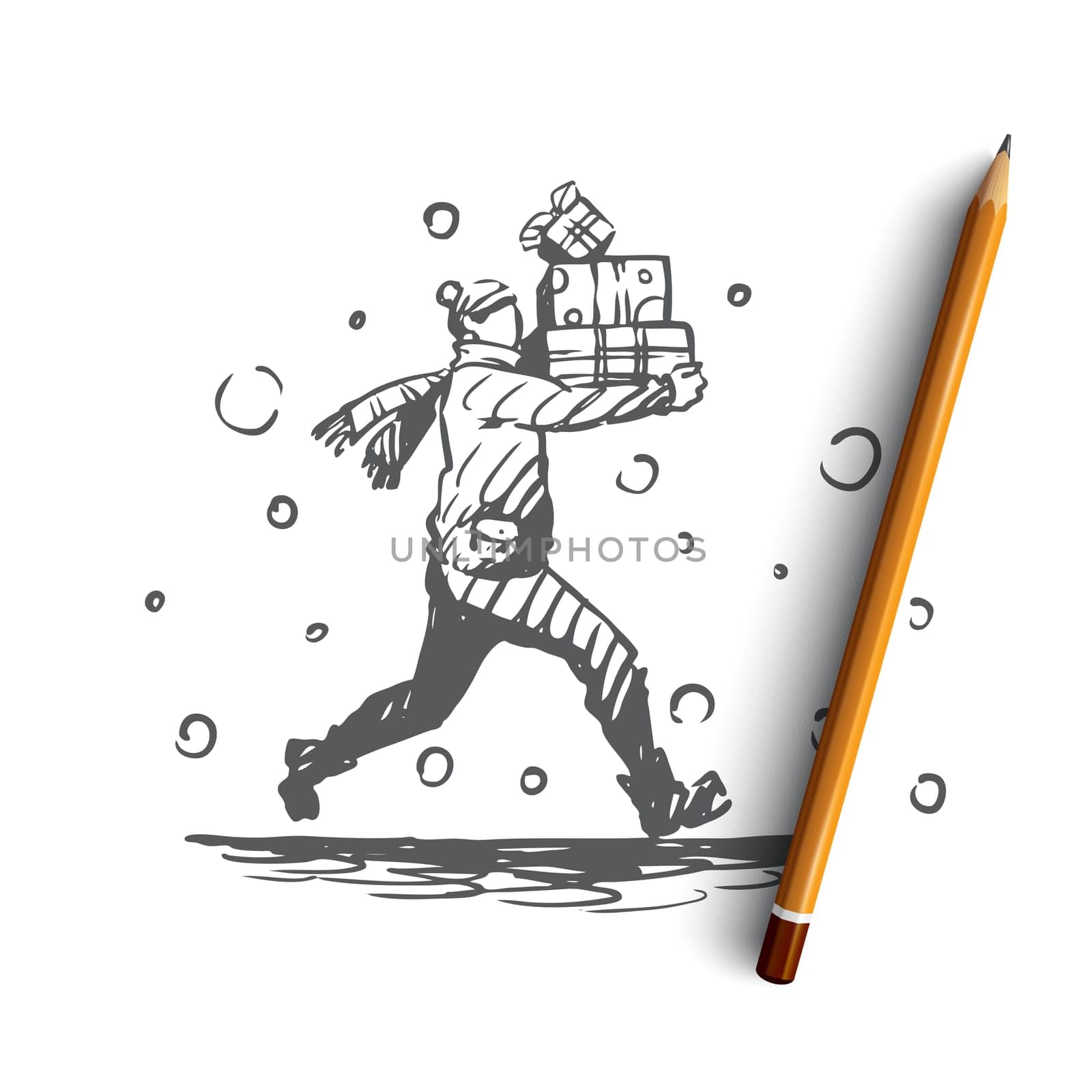 Man, run, presents, gift, Christmas concept. Hand drawn man runs with presents in hands concept sketch. Isolated vector illustration.