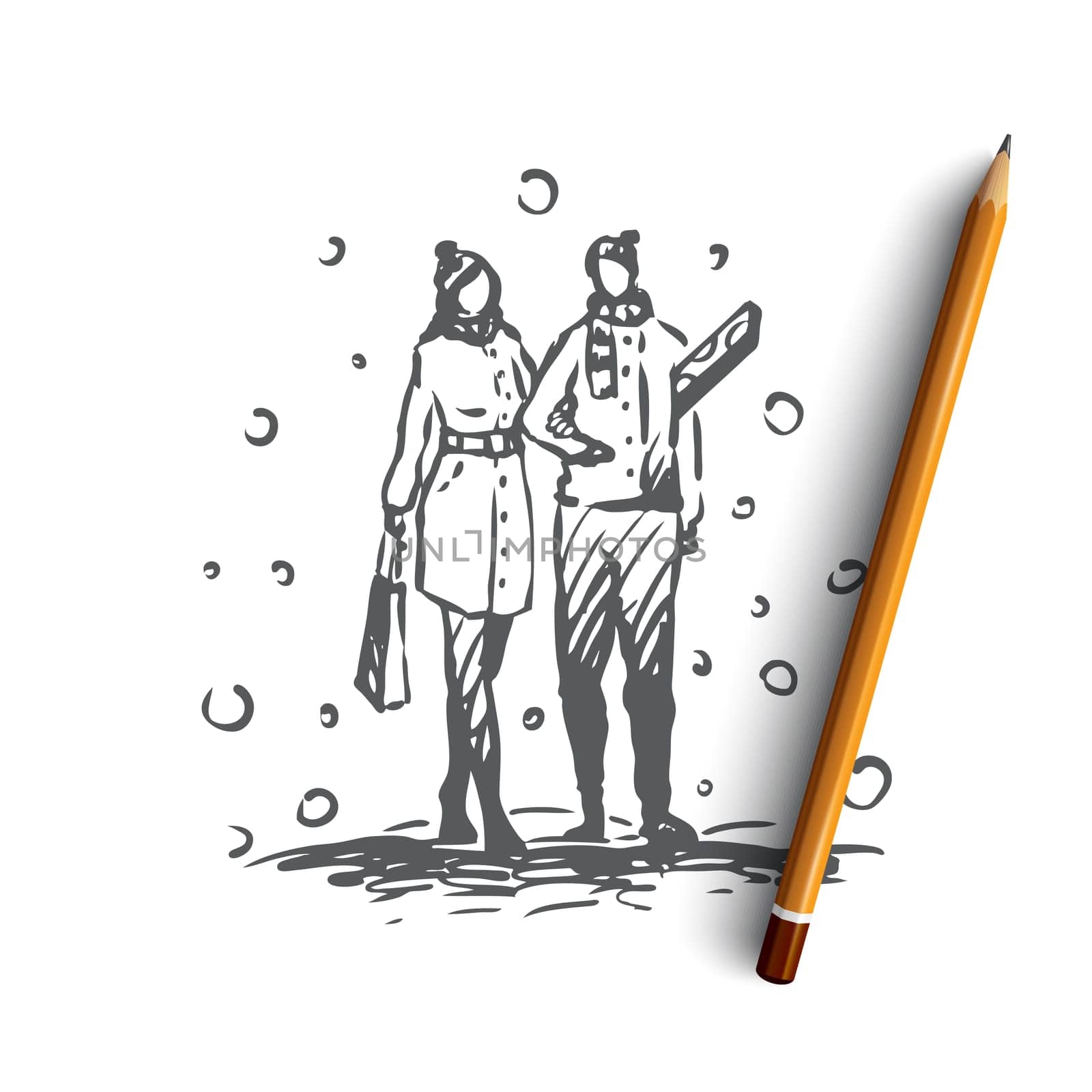 Couple, snow, gifts, holiday, Christmas concept. Hand drawn man and woman walking with gifts concept sketch. Isolated vector illustration.