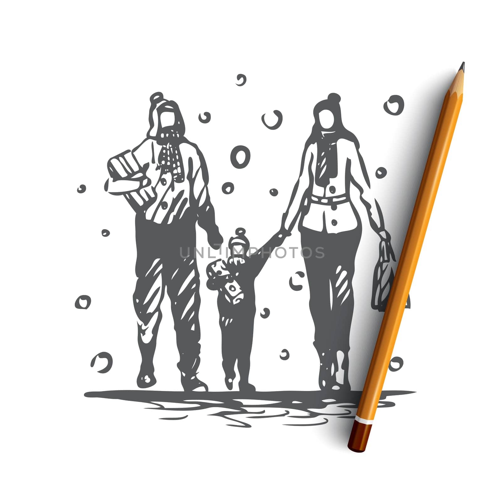 Family, gifts, Christmas, holiday, winter concept. Hand drawn happy family with Christmas gifts concept sketch. Isolated vector illustration.