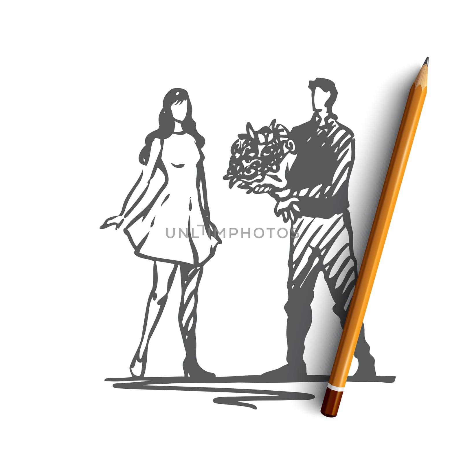 Romantic, couple, love, date, together concept. Hand drawn man presents flowers for woman concept sketch. Isolated vector illustration.