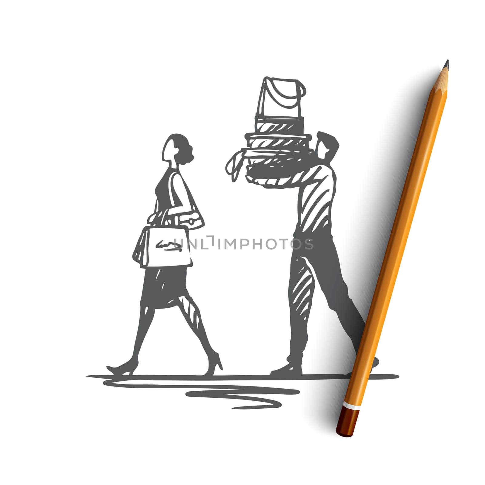 Couple, shopping, bag, sale, store concept. Hand drawn man and woman on shopping with bags concept sketch. Isolated vector illustration.