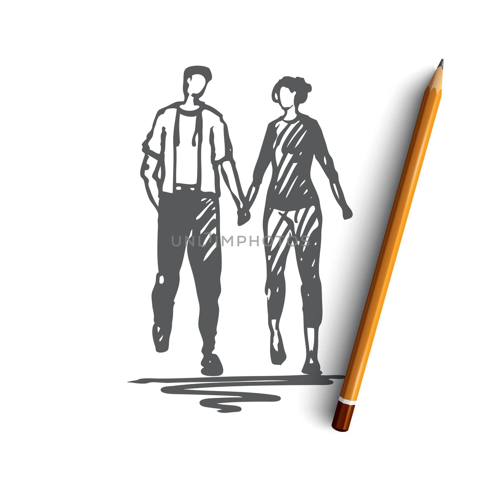 Walking, couple, love, date, romance concept. Hand drawn man and woman walking outdoor concept sketch. Isolated vector illustration.