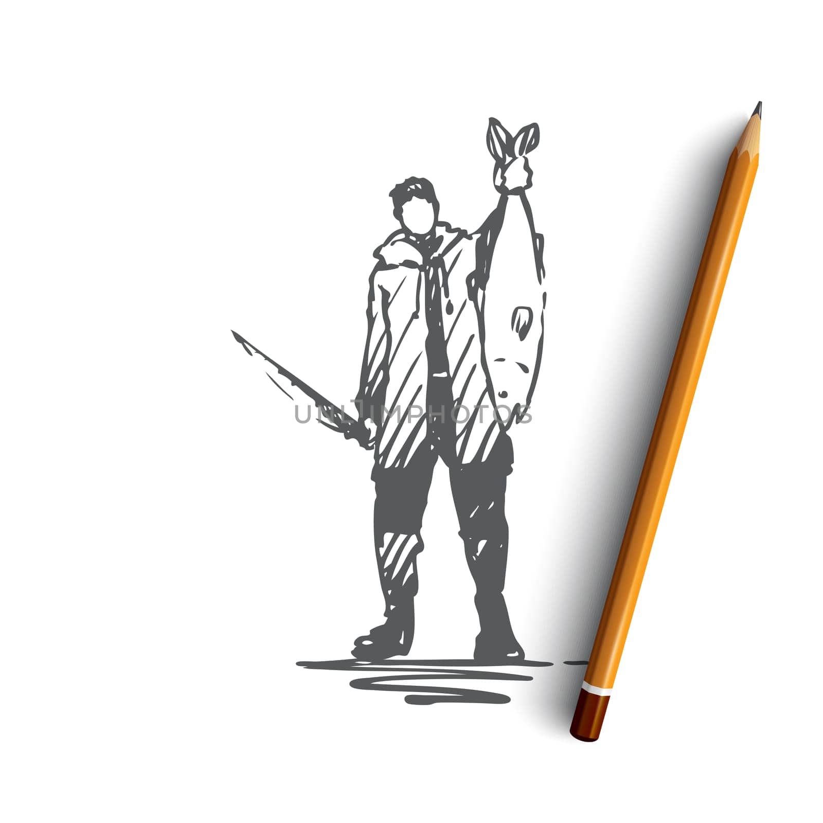 Fisherman, big, fish, water, catch concept. Hand drawn fisherman with big fish concept sketch. Isolated vector illustration.