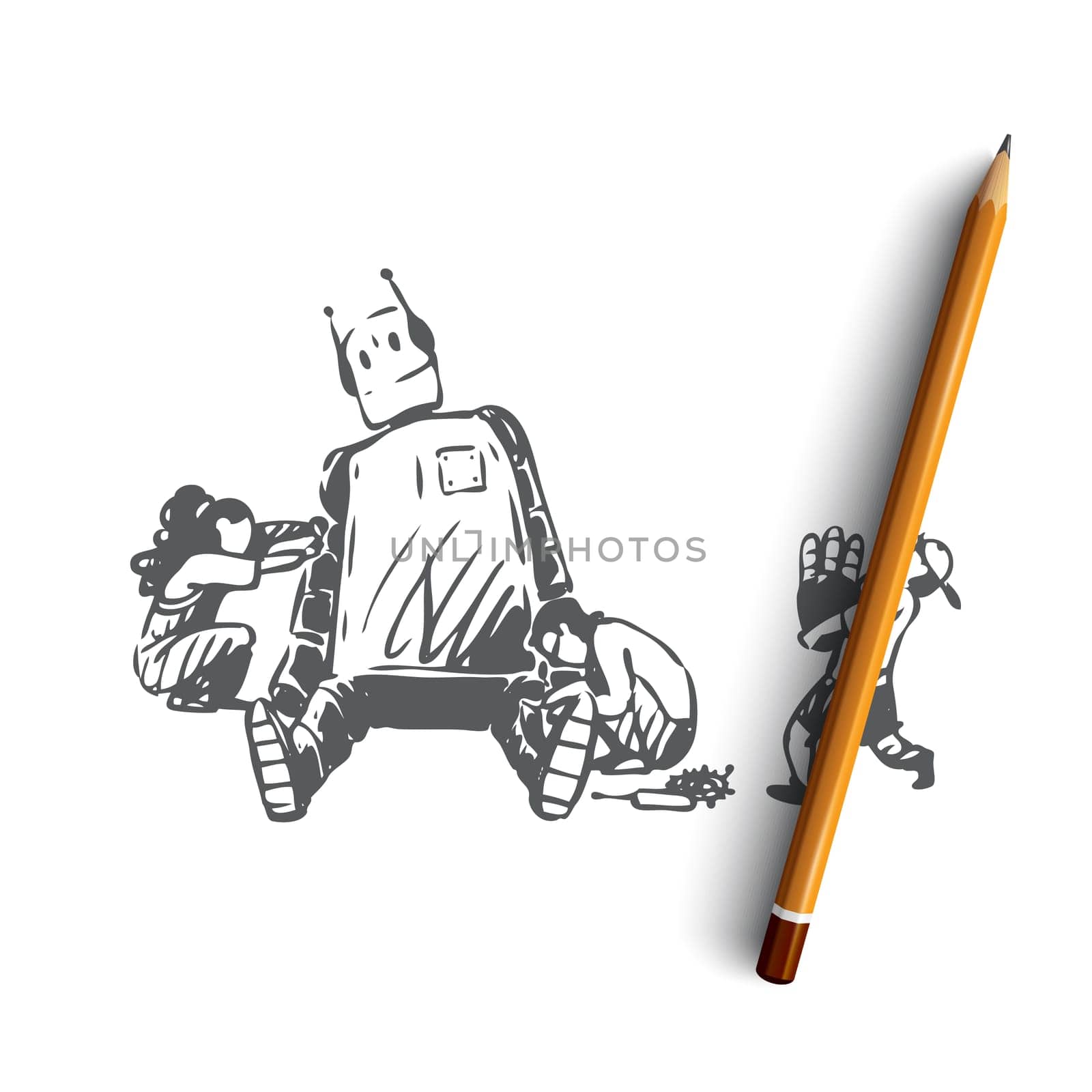 Robot, kids, play, education, machine concept. Hand drawn kids playing with robot concept sketch. Isolated vector illustration.