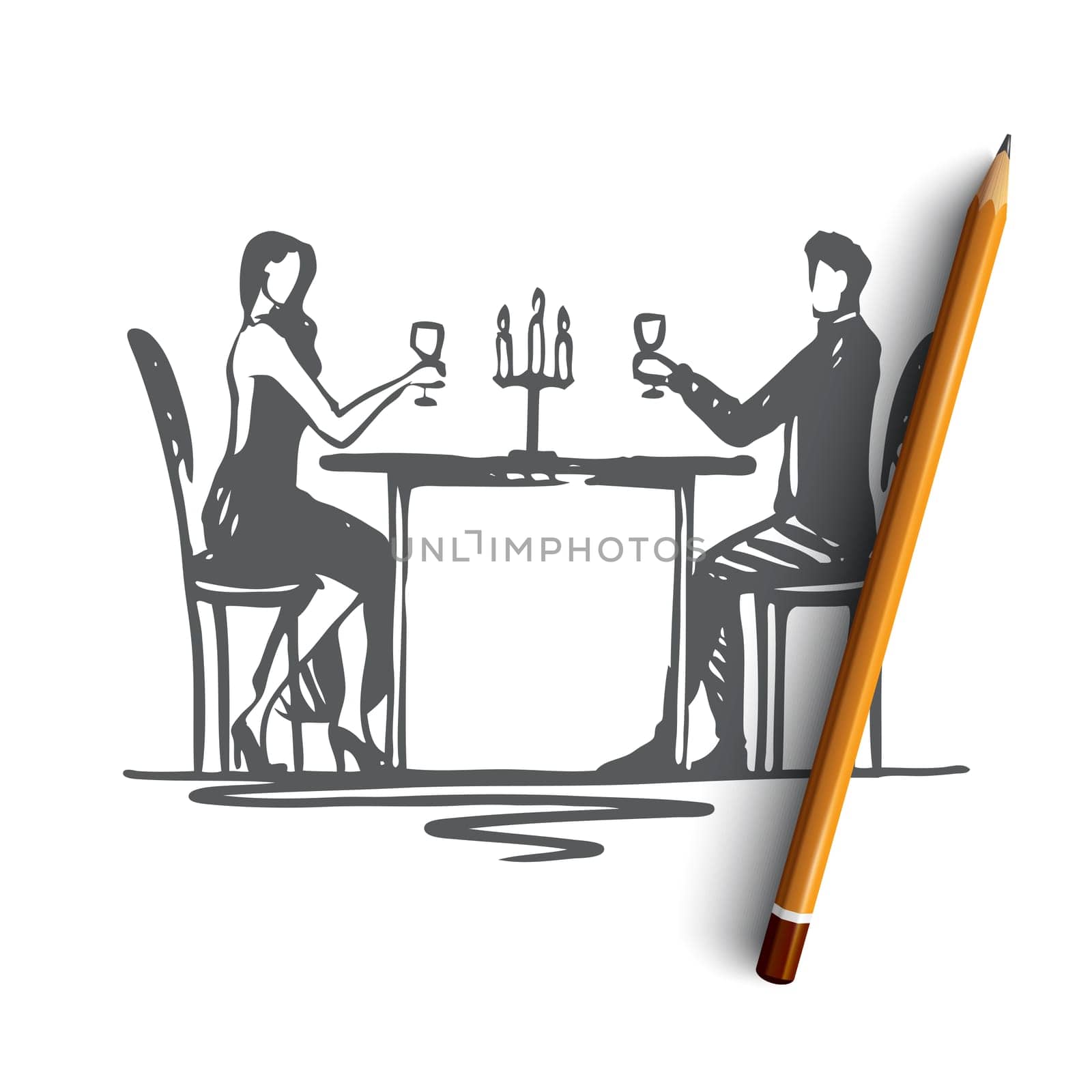 Restaurant, couple, love, date, romantic concept. Hand drawn man and woman on a date in restaurant concept sketch. Isolated vector illustration.