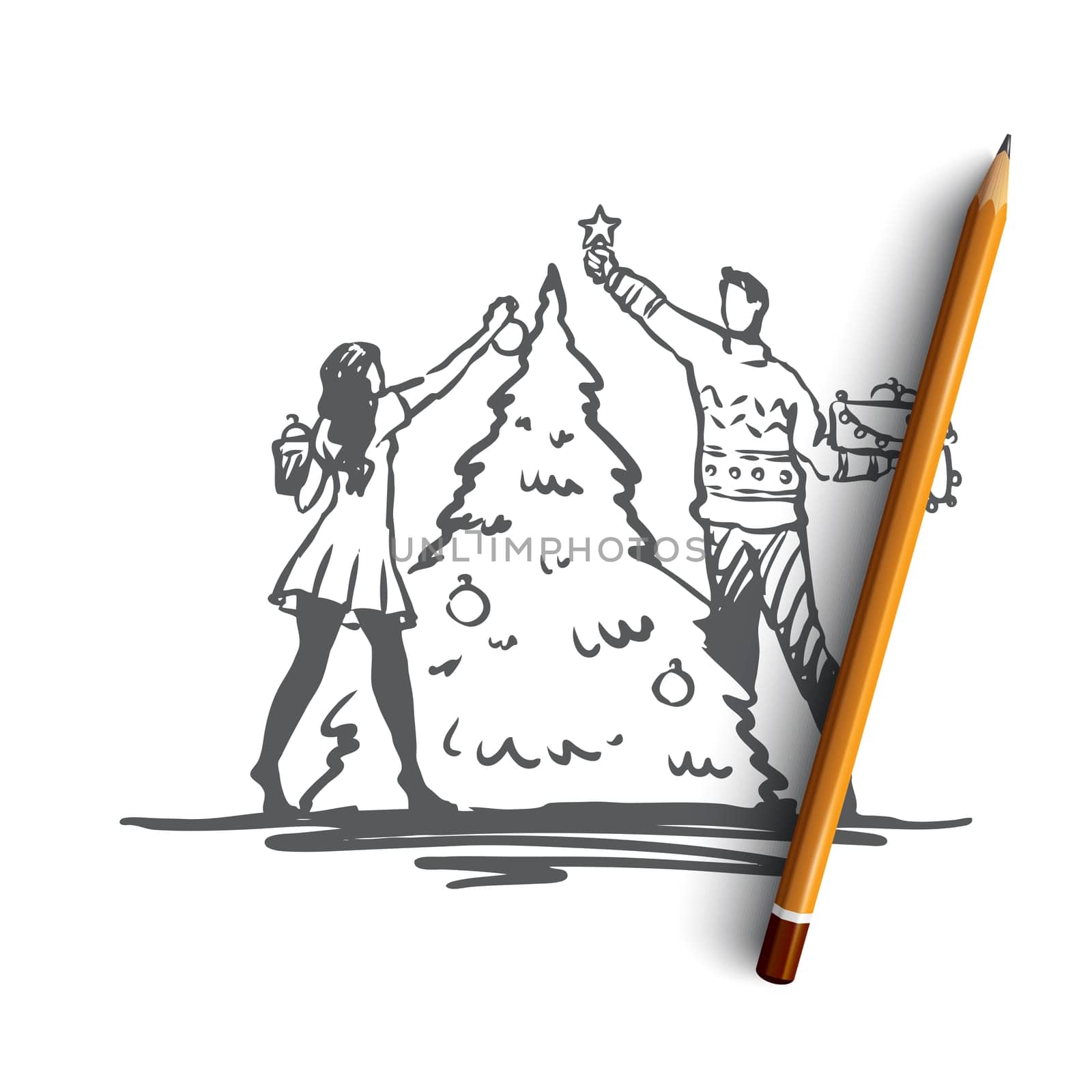 Christmas, tree, decorating, holiday, gift concept. Hand drawn man and woman decorating Christmas tree concept sketch. Isolated vector illustration.