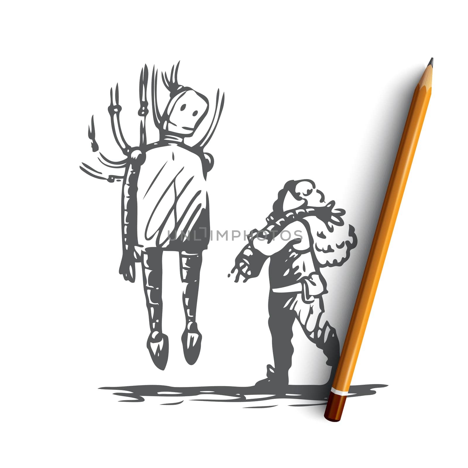 Robot, boy, repair, machine, modern concept. Hand drawn boy fixing robot concept sketch. Isolated vector illustration.