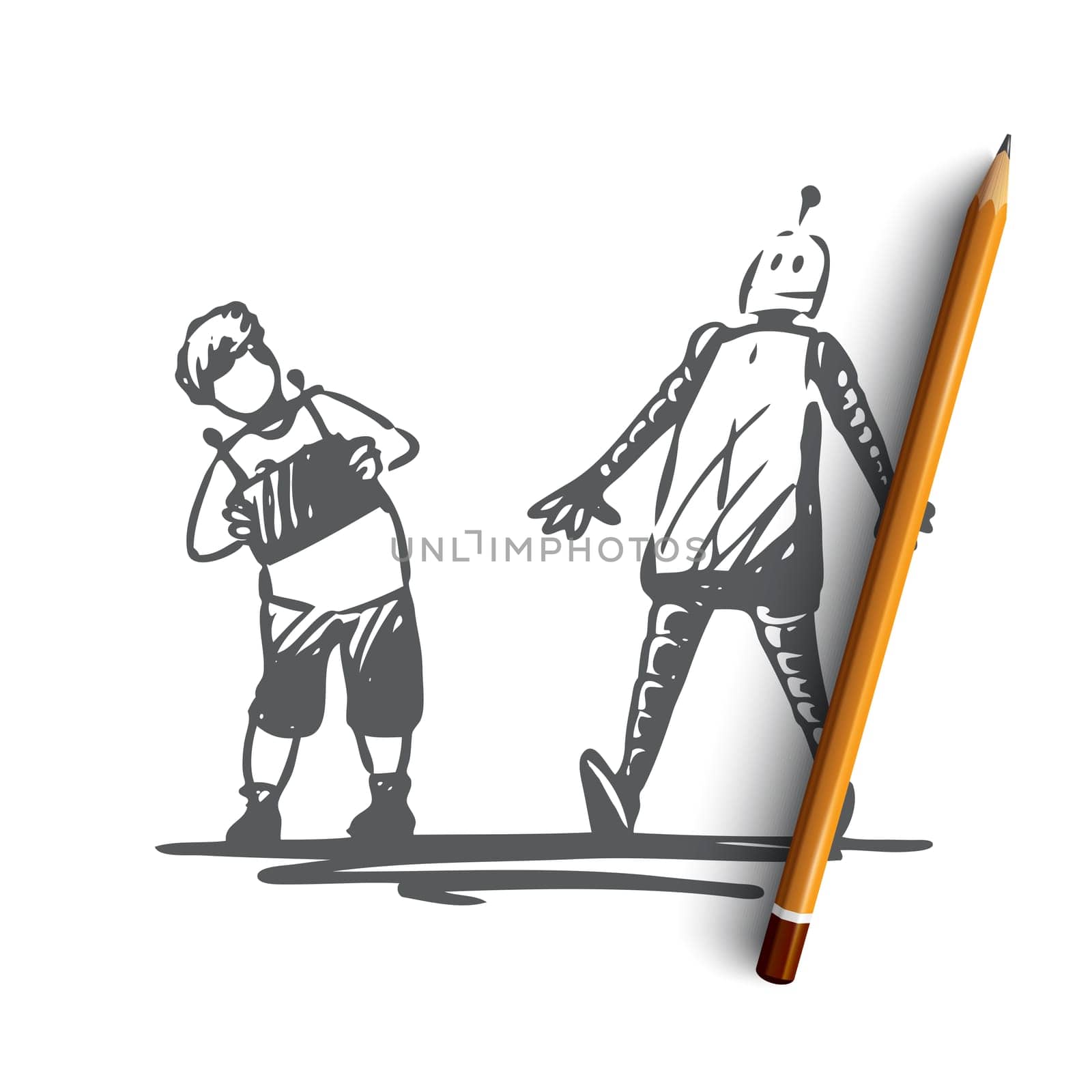 Robot, child, play, remote, control concept. Hand drawn boy controls the robot concept sketch. Isolated vector illustration.