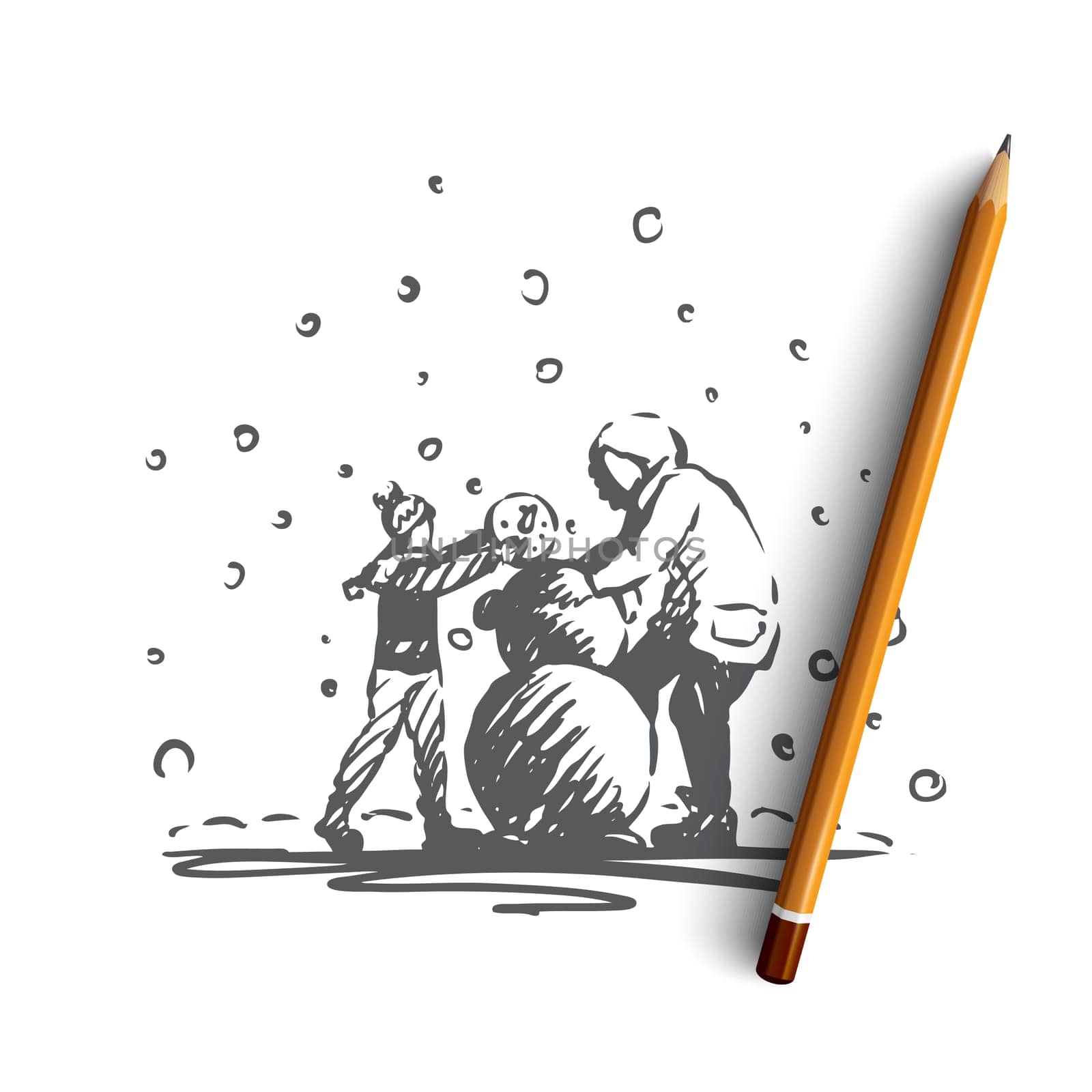 Kids, snowman, winter, cold, december concept. Hand drawn children make snowman concept sketch. Isolated vector illustration.
