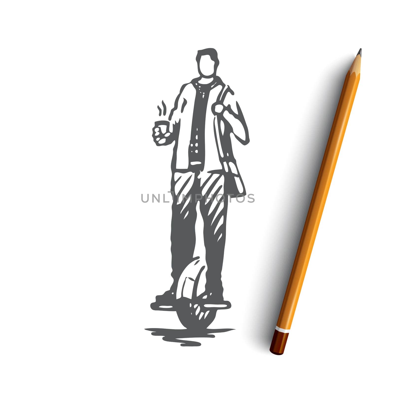 Segway, man, coffee, ride, speed, urban concept. Hand drawn man is riding segway with cup of coffee concept sketch. Isolated vector illustration.