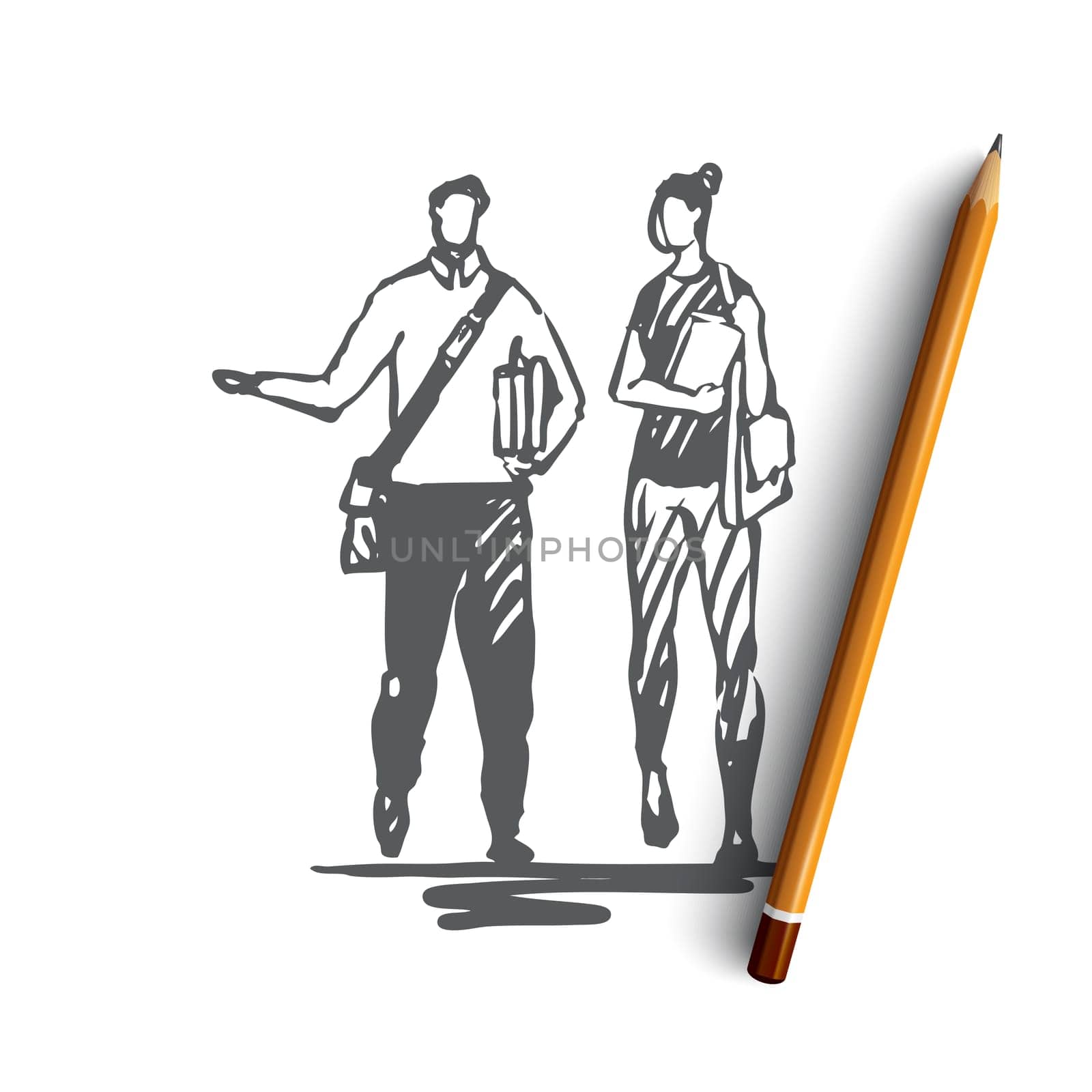 People, students, walk, bag, university concept. Hand drawn students go to university concept sketch. Isolated vector illustration.