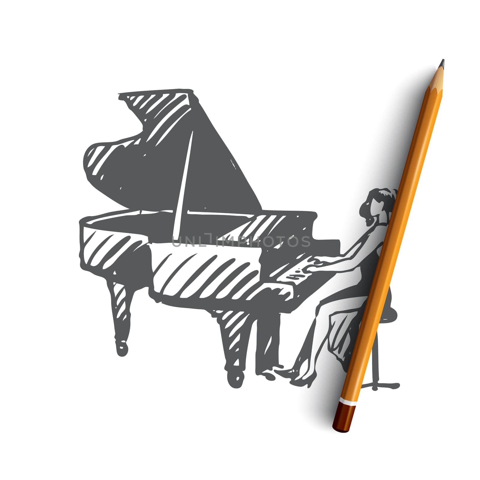 Piano, classic, musician, woman, performance concept. Hand drawn woman performing with cello on scene concept sketch. Isolated vector illustration.