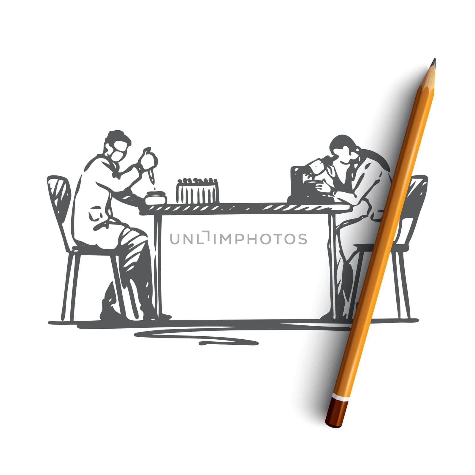 Laboratory, experiment, science, chemical concept. Hand drawn scientists work in a chemical laboratory concept sketch. Isolated vector illustration.