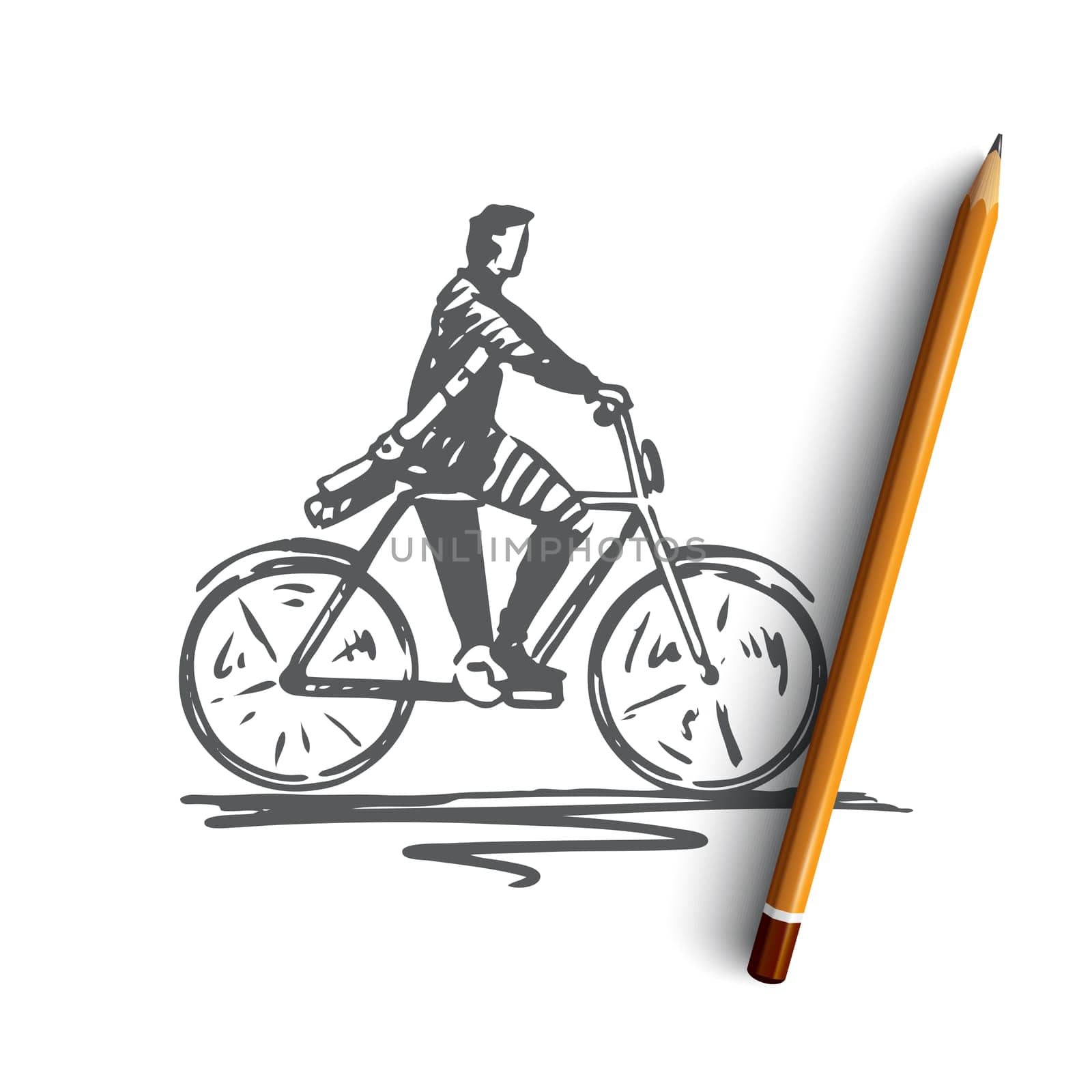 Student, bicycle, man, cycling concept. Hand drawn student riding to the university on bike concept sketch. Isolated vector illustration.
