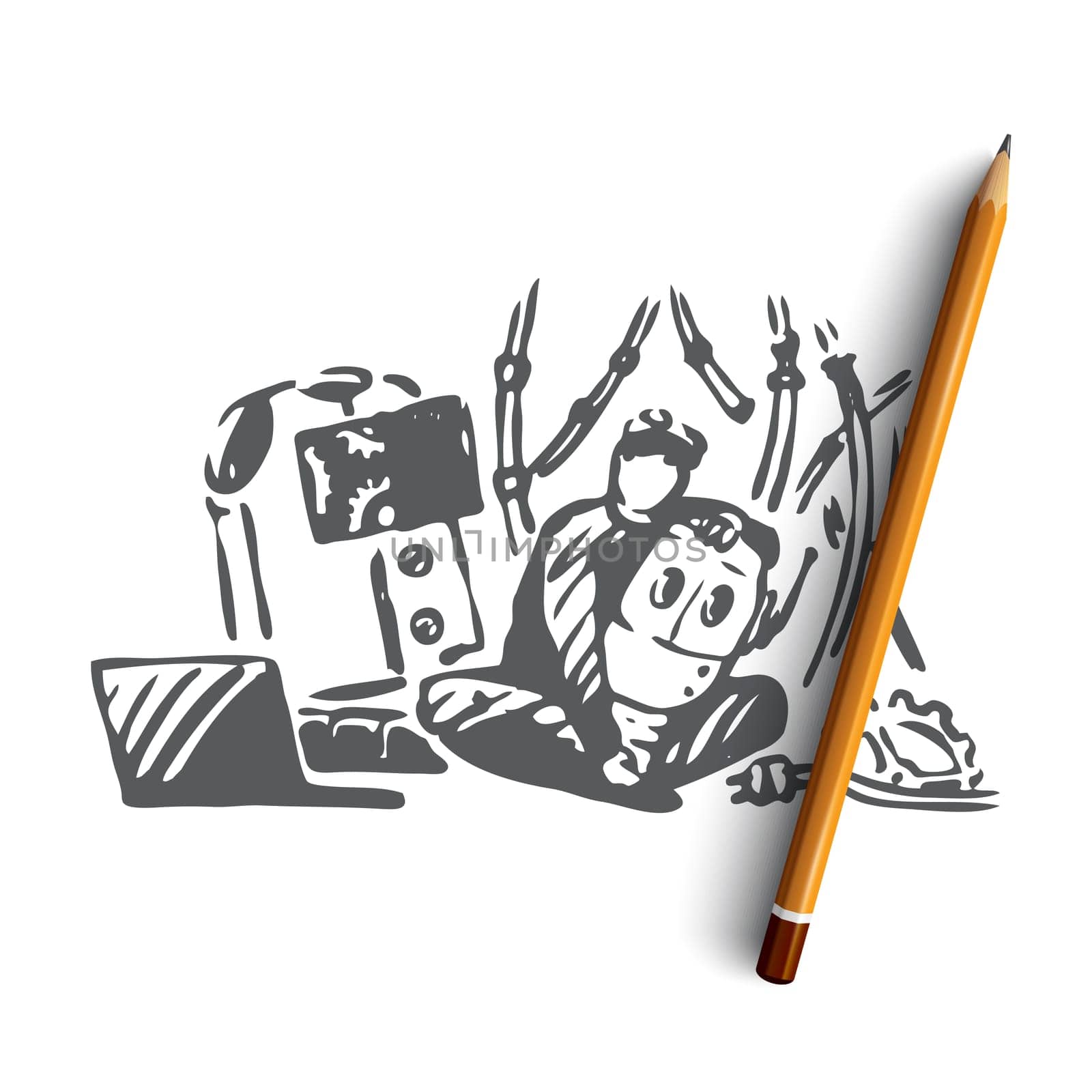 Robot, child, repair, science, play concept. Hand drawn boy with spare parts of robot concept sketch. Isolated vector illustration.