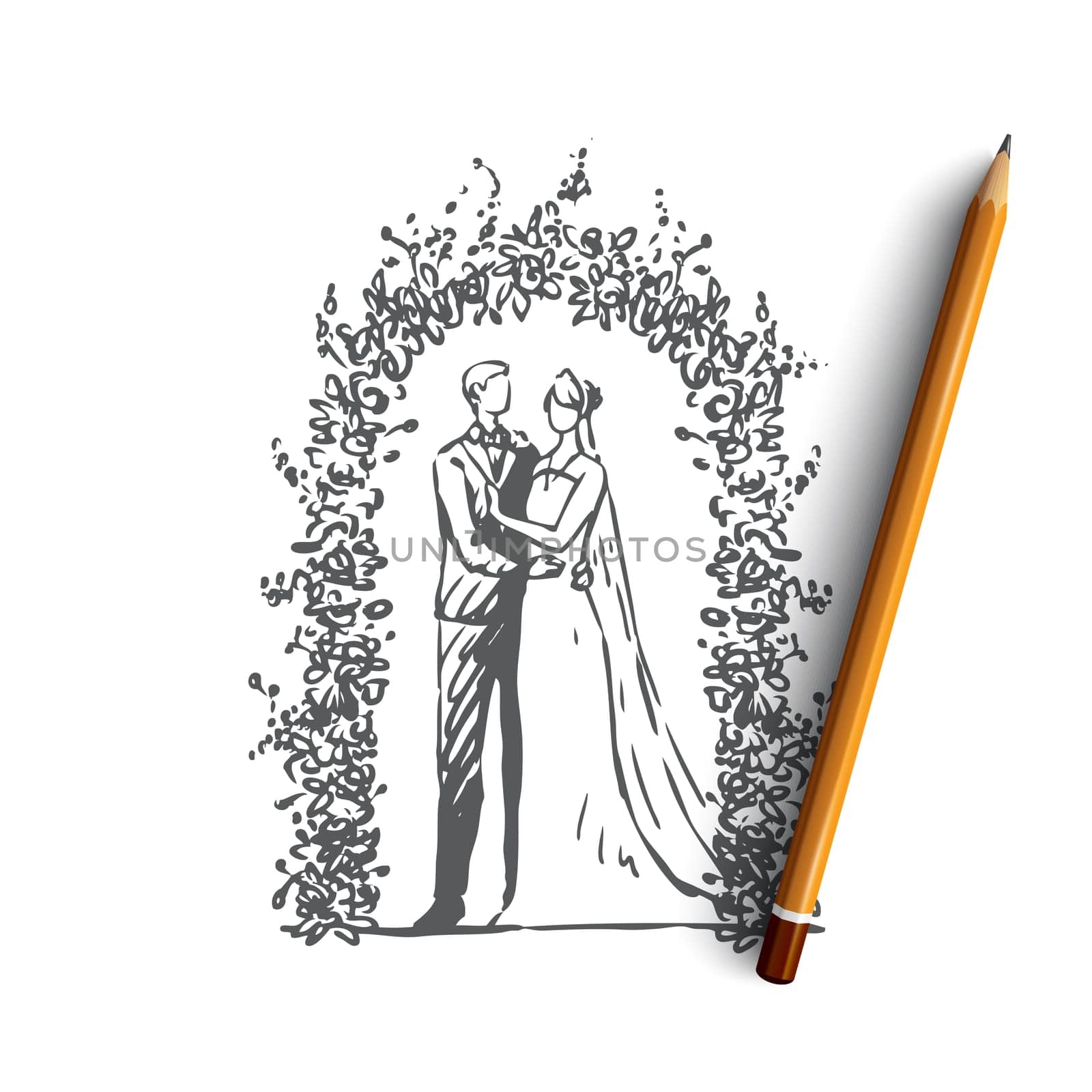 Couple, marriage, wedding, groom, bride concept. Hand drawn happy couple in a marriage day concept sketch. Isolated vector illustration.