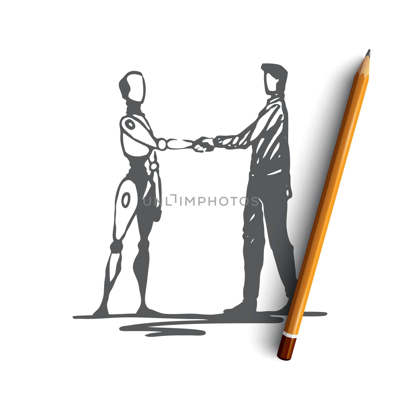 Human, robot, future, machine, technology concept. Hand drawn robot and human shaking hands concept sketch. Isolated vector illustration.
