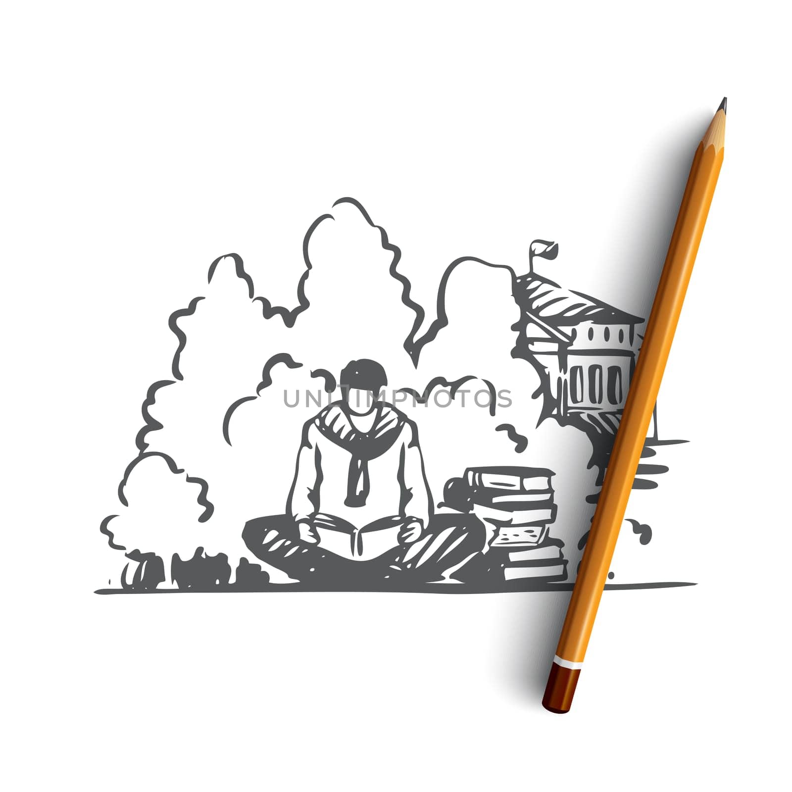Student, man, book, reading, park concept. Hand drawn male student reading book, sitting in park concept sketch. Isolated vector illustration.