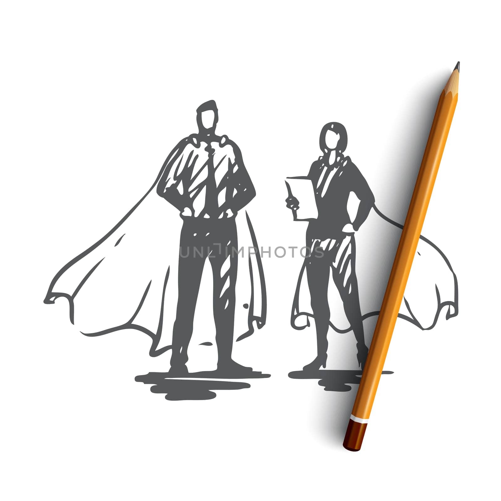 Hero, network, social, male, woman concept. Hand drawn man and woman in superhero dress concept sketch. Isolated vector illustration.