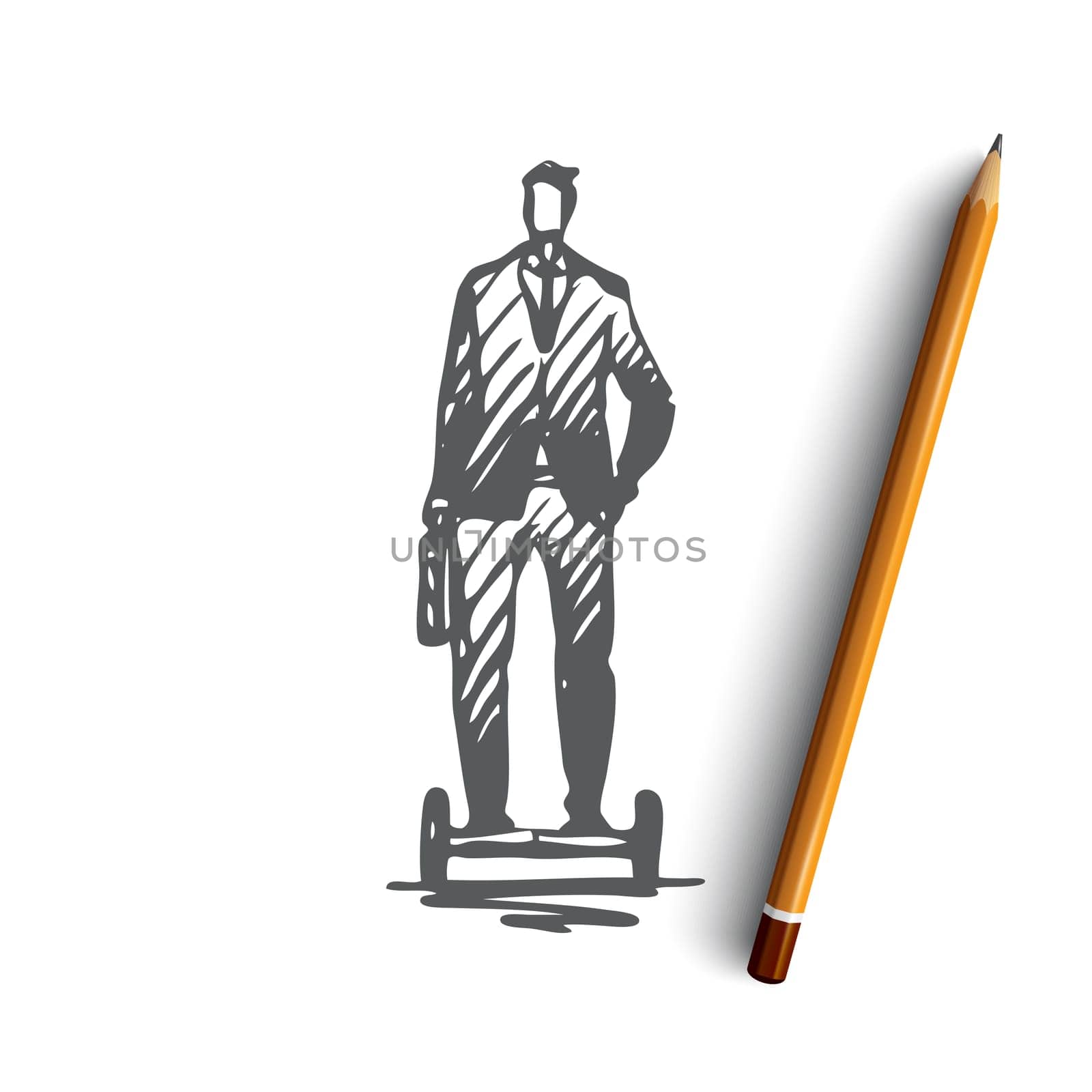 Segway, businessman, electric, transport, wheel concept. Hand drawn businessman drives on segway concept sketch. Isolated vector illustration.