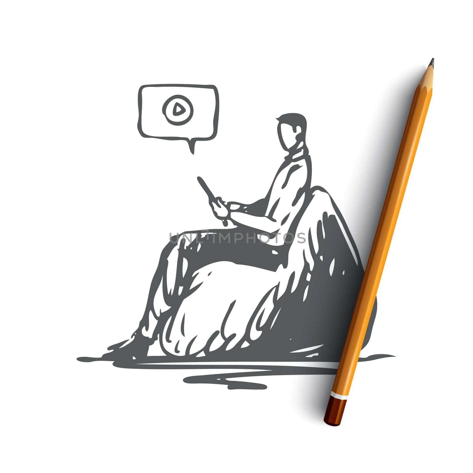 Teenager, internet, young, video, gadget concept. Hand drawn teenager boy watching video online concept sketch. Isolated vector illustration.