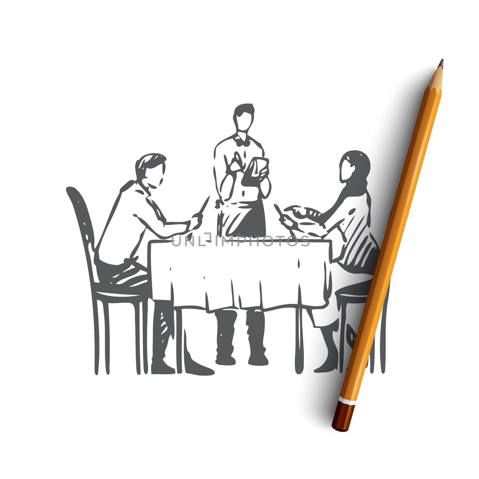 Couple, restaurant, table, waiter concept. Hand drawn romantic date in restaurant concept sketch. Isolated vector illustration.