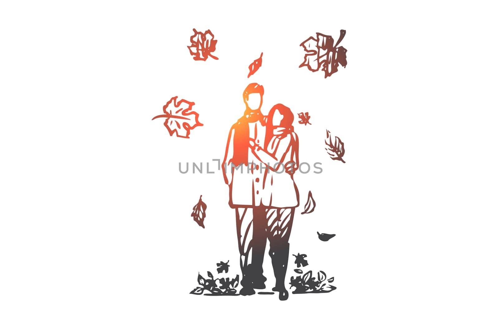 Autumn, couple, love, fall, romantic concept. Hand drawn couple in love walking under leaf fall concept sketch. Isolated vector illustration.