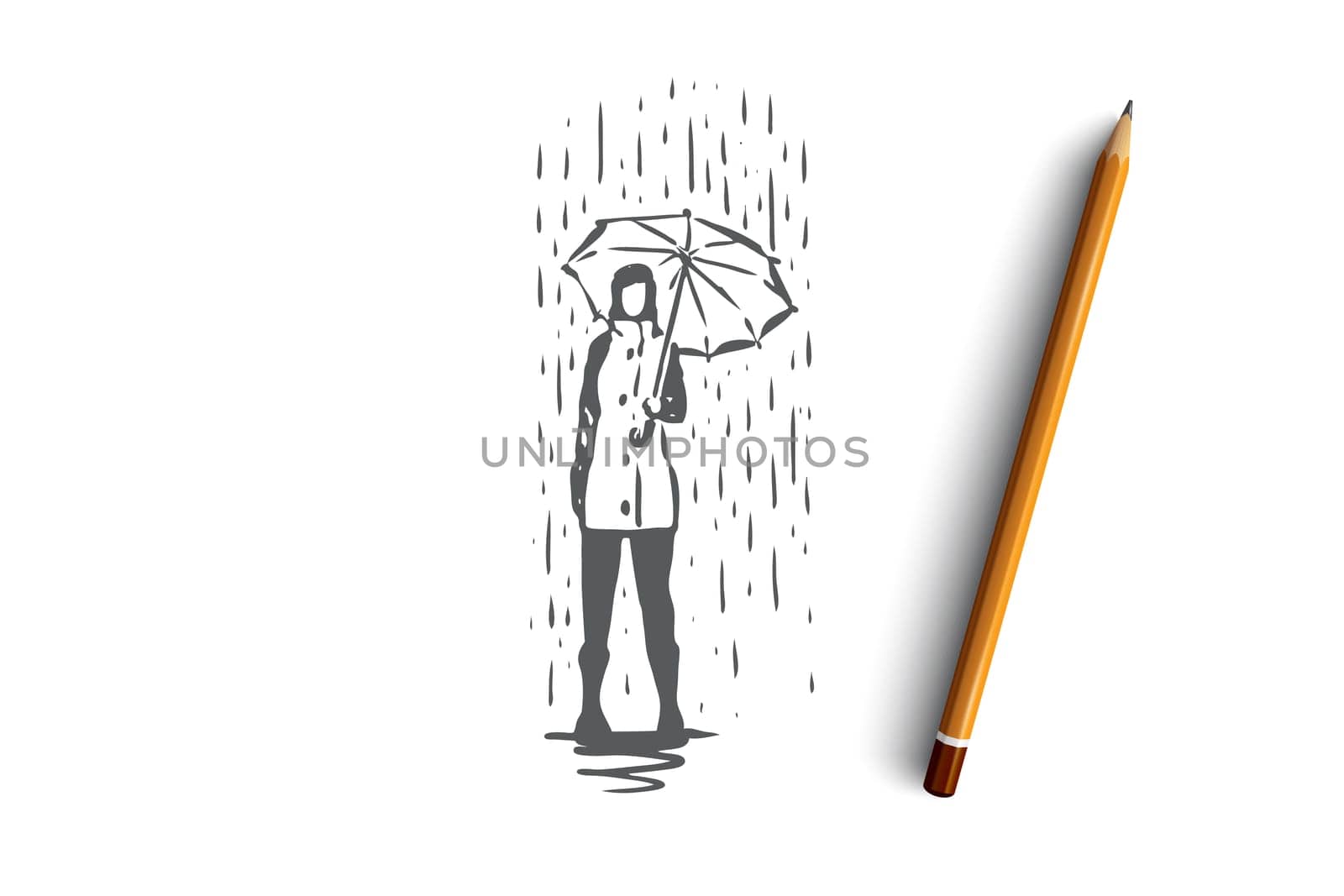 Autumn, rain, umbrella, season, weather concept. Hand drawn woman standing with an umbrella under rain concept sketch. Isolated vector illustration.