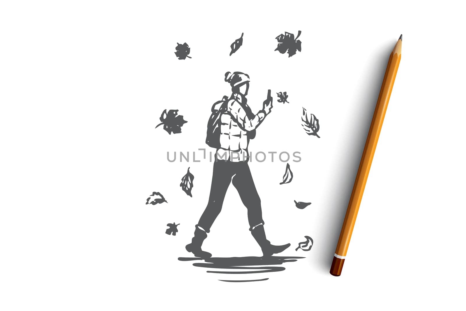 Autumn, man, fall, walking, season concept. Hand drawn man walking with a smartphone under leaf fall concept sketch. Isolated vector illustration.
