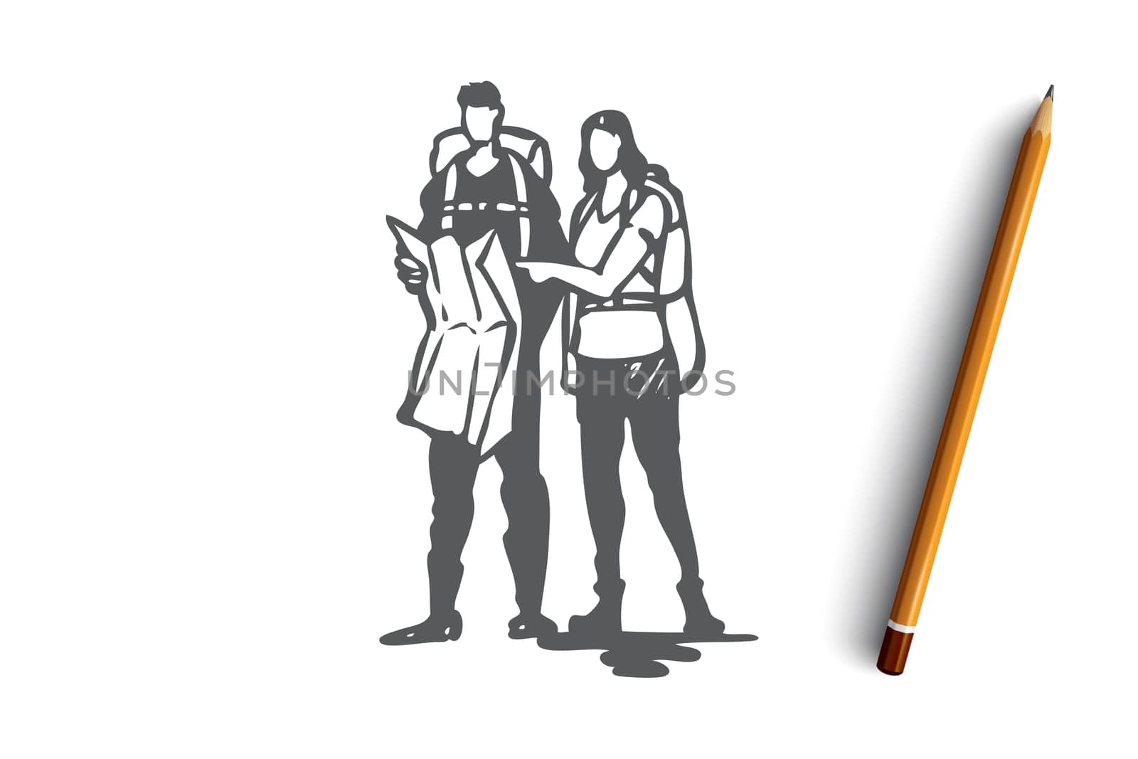 Tourists, map, travel, route, journey concept. Hand drawn man and woman traveling together concept sketch. Isolated vector illustration.