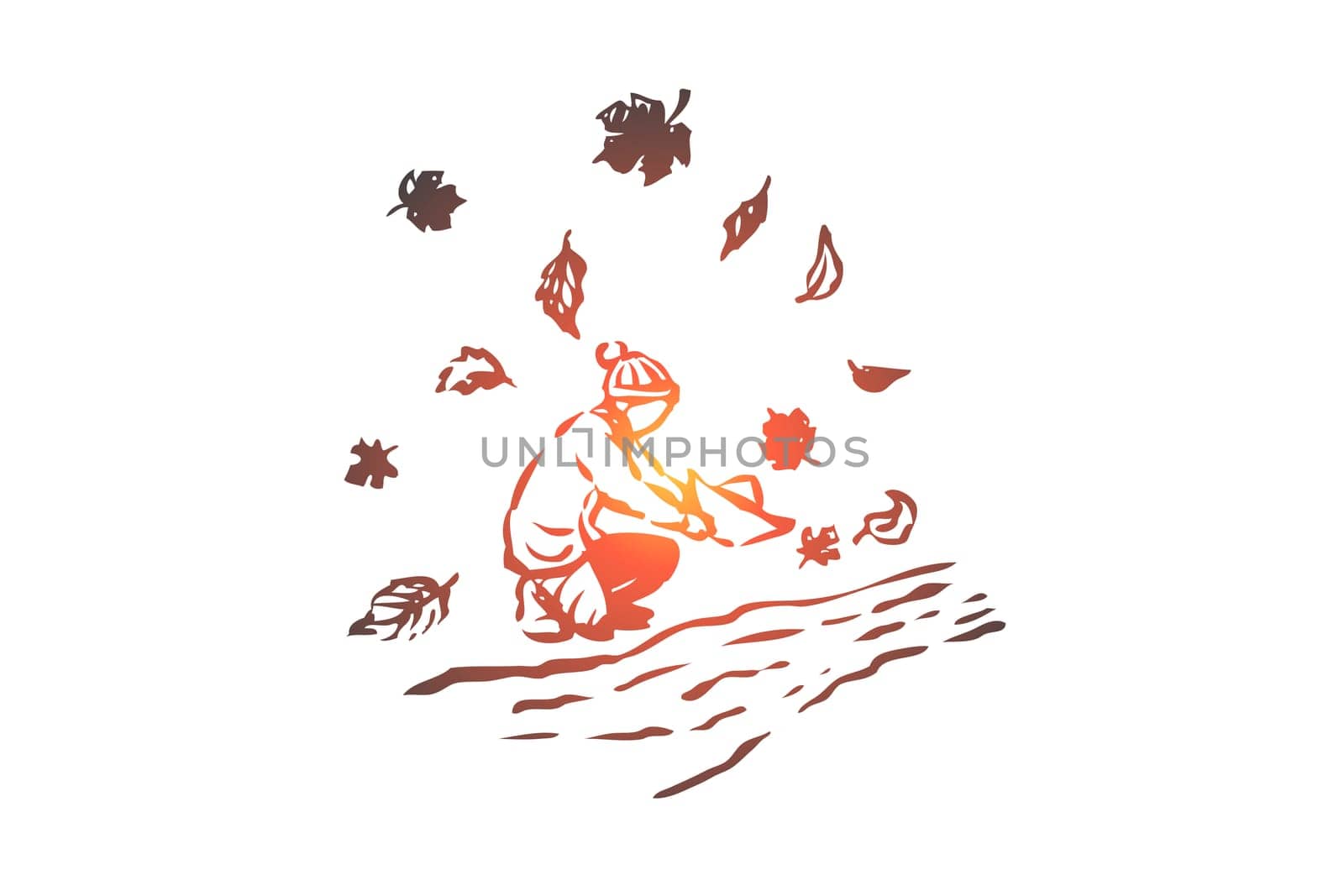 Autumn, boy, river, season, paper concept. Hand drawn boy play with handmade boats concept sketch. Isolated vector illustration.