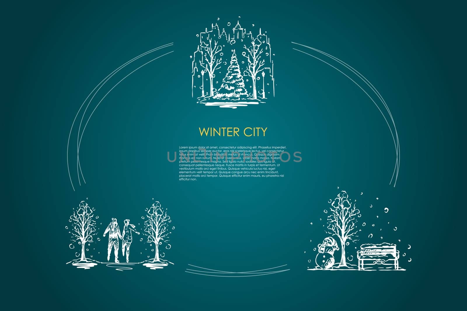 Winter city - urban landscapes under snowfall and people walking in winter park vector concept set. Hand drawn sketch isolated illustration