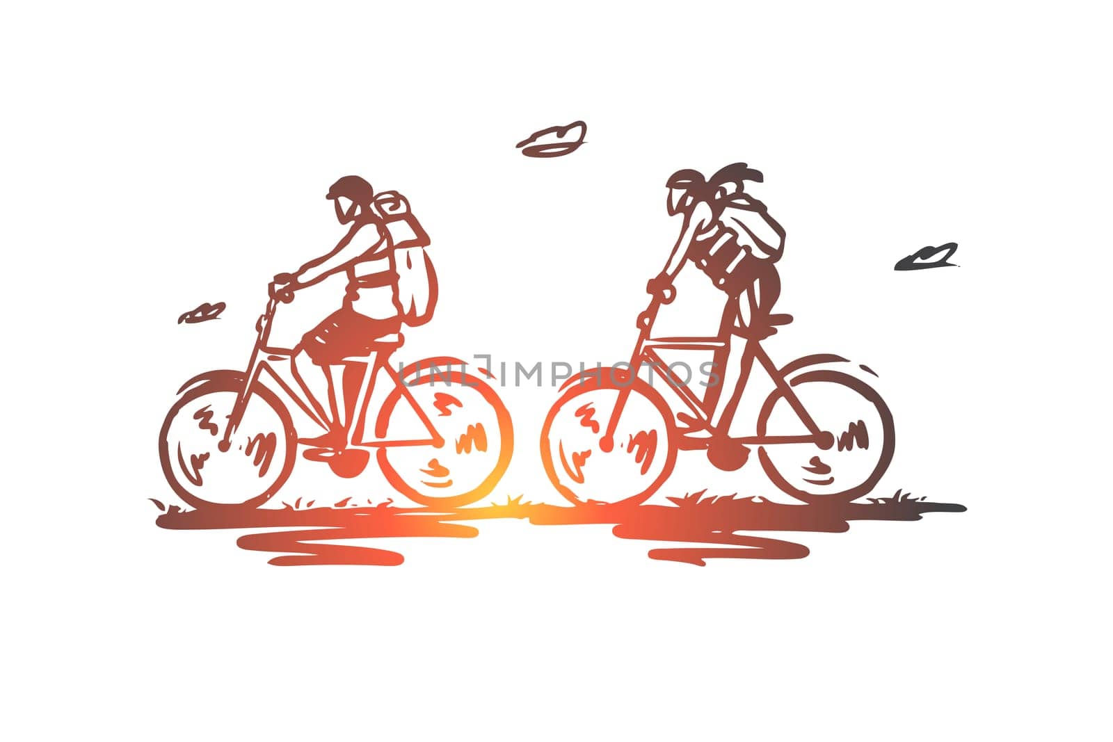 Cycle tourism, bicycle, ride, tourists, active concept. Hand drawn tourists on bicycles concept sketch. Isolated vector illustration.