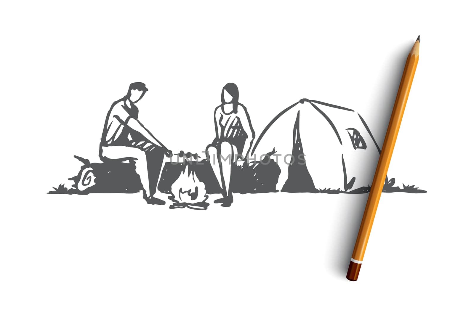 Tourists, tent, fire, camp, nature concept. Hand drawn man and woman neat tent in camp concept sketch. Isolated vector illustration.