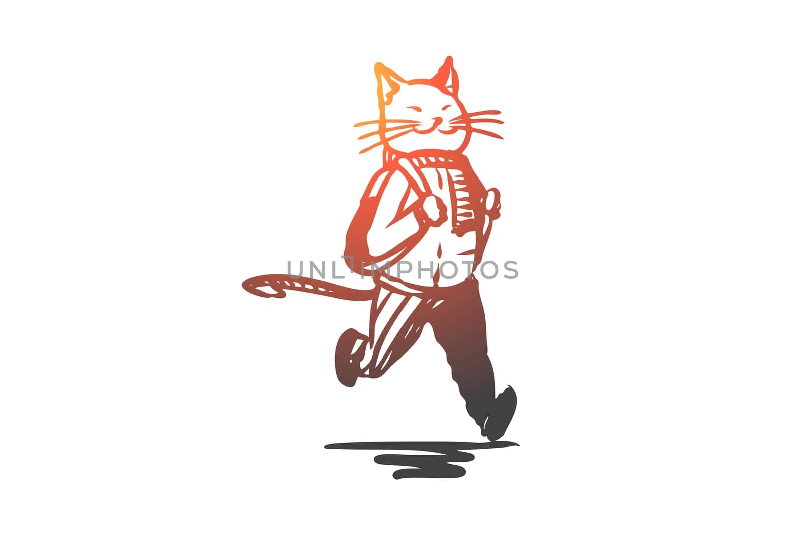 School, animal, fun, study, character concept. Hand drawn animal character cat goes to school concept sketch. Isolated vector illustration.