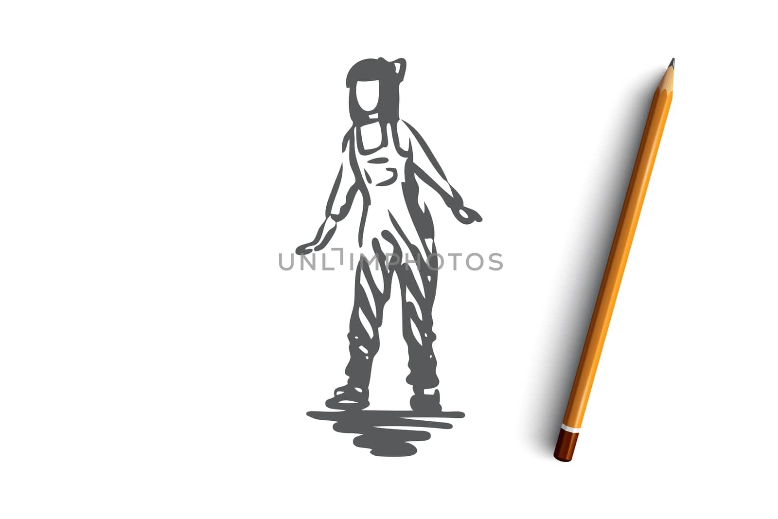 Girl, female, pose, woman, adult concept. Hand drawn woman dressed in overalls posing concept sketch. Isolated vector illustration.
