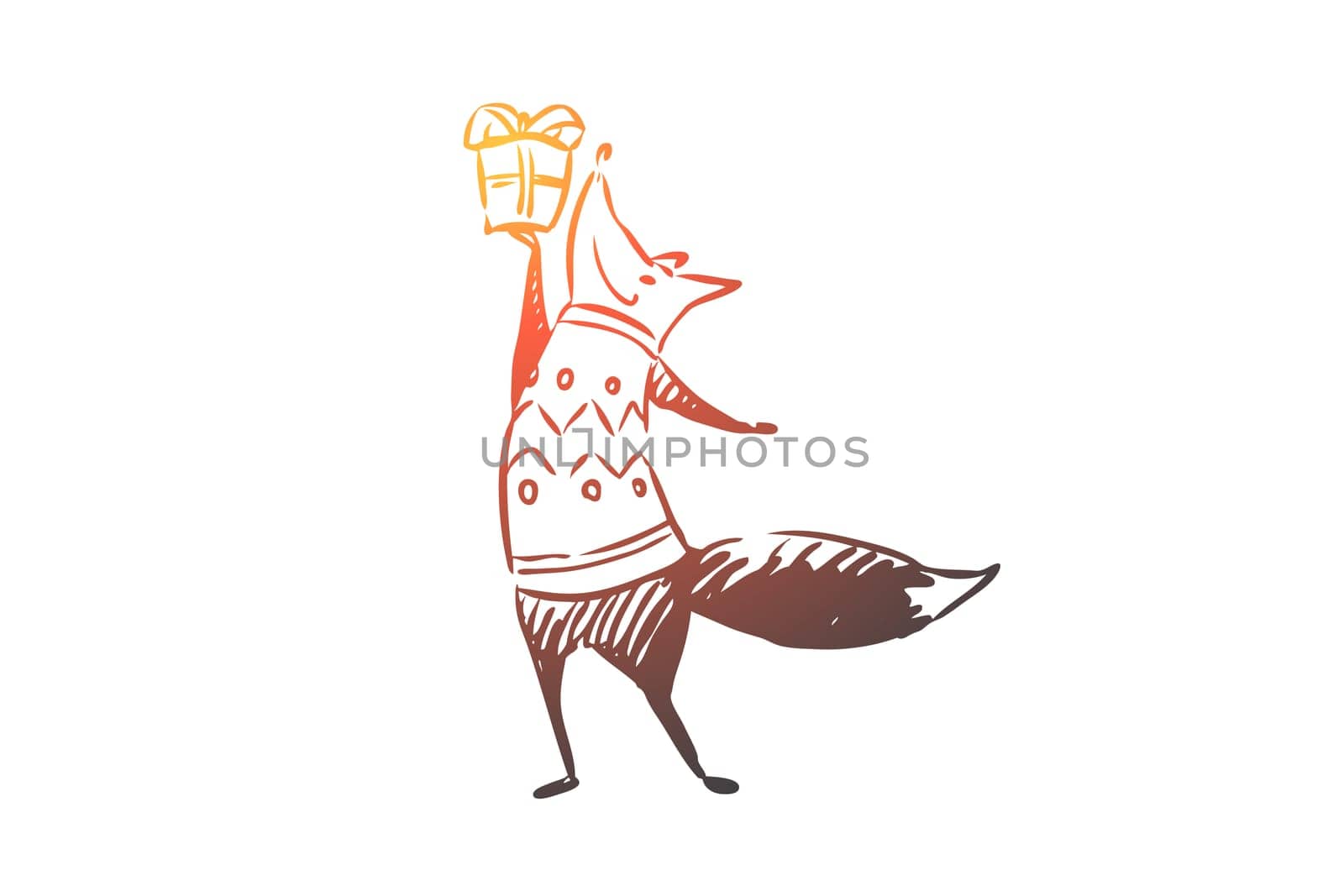 Christmas, fox, gift, greeting, celebration concept. Hand drawn funny fox with Christmas gift concept sketch. Isolated vector illustration.