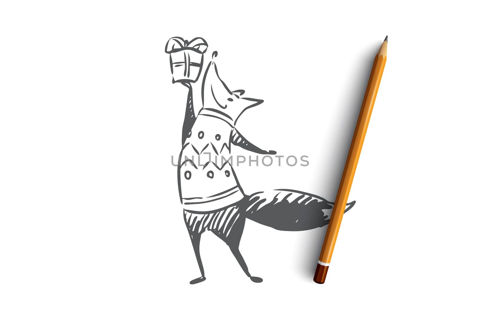 Christmas, fox, gift, greeting, celebration concept. Hand drawn funny fox with Christmas gift concept sketch. Isolated vector illustration.