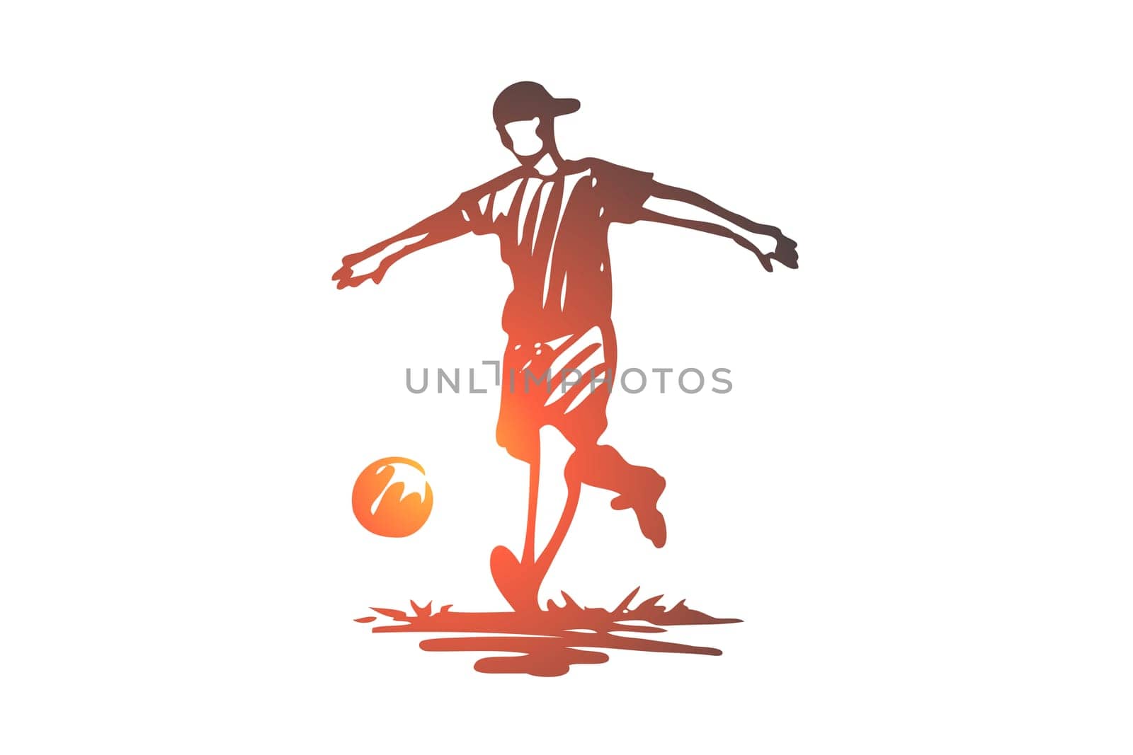 Boy, sport, soccer, ball, child concept. Hand drawn teen boy playing football concept sketch. Isolated vector illustration.