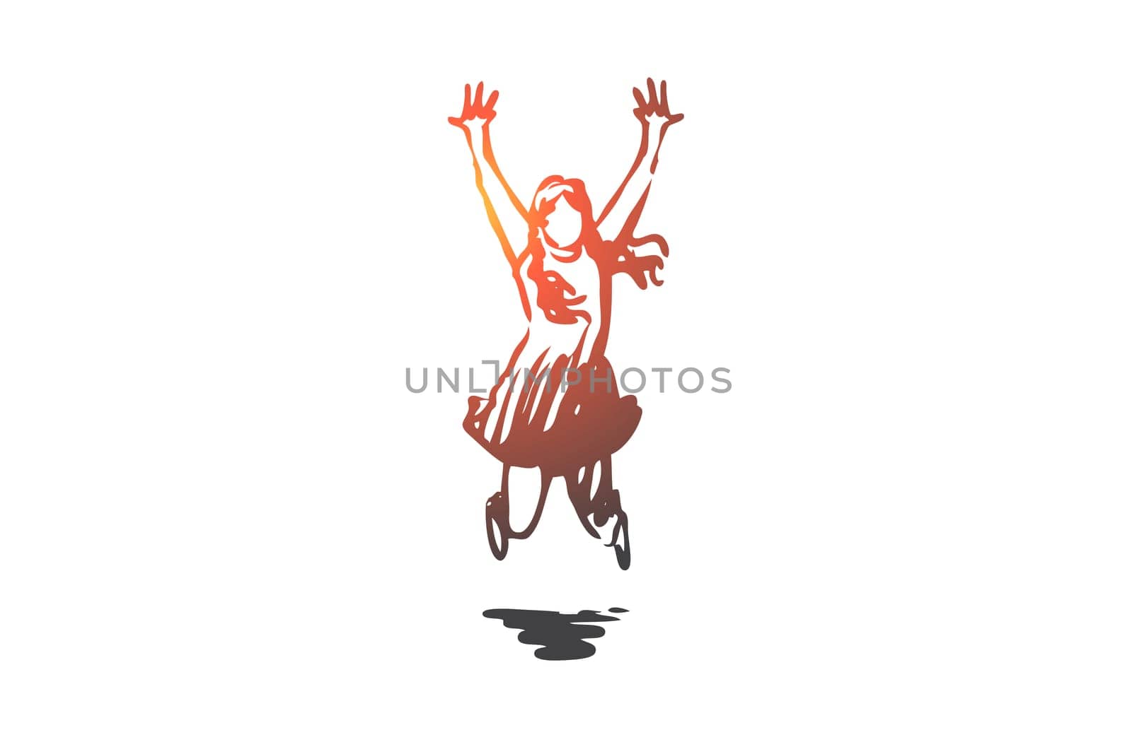 Girl, happy, jump, childhood, joy concept. Hand drawn happy girl jumping concept sketch. Isolated vector illustration.