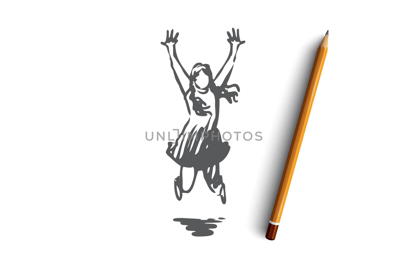 Girl, happy, jump, childhood, joy concept. Hand drawn happy girl jumping concept sketch. Isolated vector illustration.