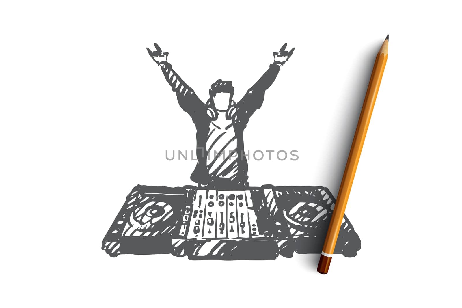 DJ, music, club, disco, party concept. Hand drawn DJ in nightclub concept sketch. Isolated vector illustration.